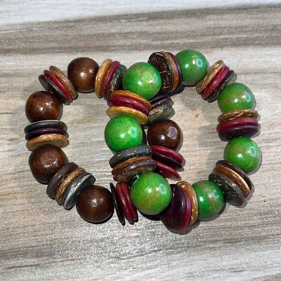 Green And Wood Multi Color Stretch Bracelet Bundle Of 2 Bracelets - Picture 1 of 7